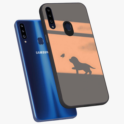 Puppy Shadow Art Glass Case displayed in angled mockup highlighting playful dog illustration with artistic shadow aesthetic.