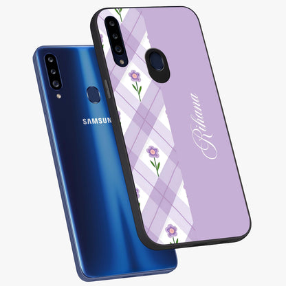 Purple Diamond Floral Glass Case displayed in angled mockup highlighting elegant purple flower design with decorative pattern.