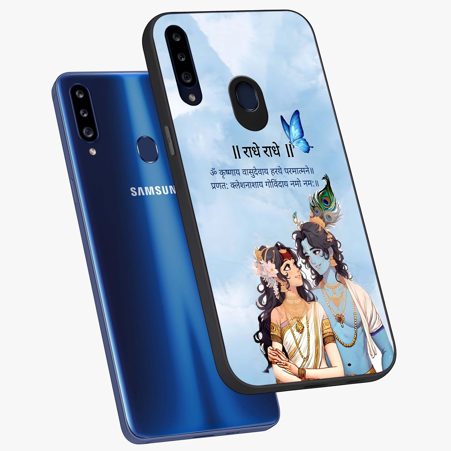 Radha Krishna Eternal Glass Case displayed in angled mockup highlighting divine Radha Krishna illustration with spiritual aesthetic.