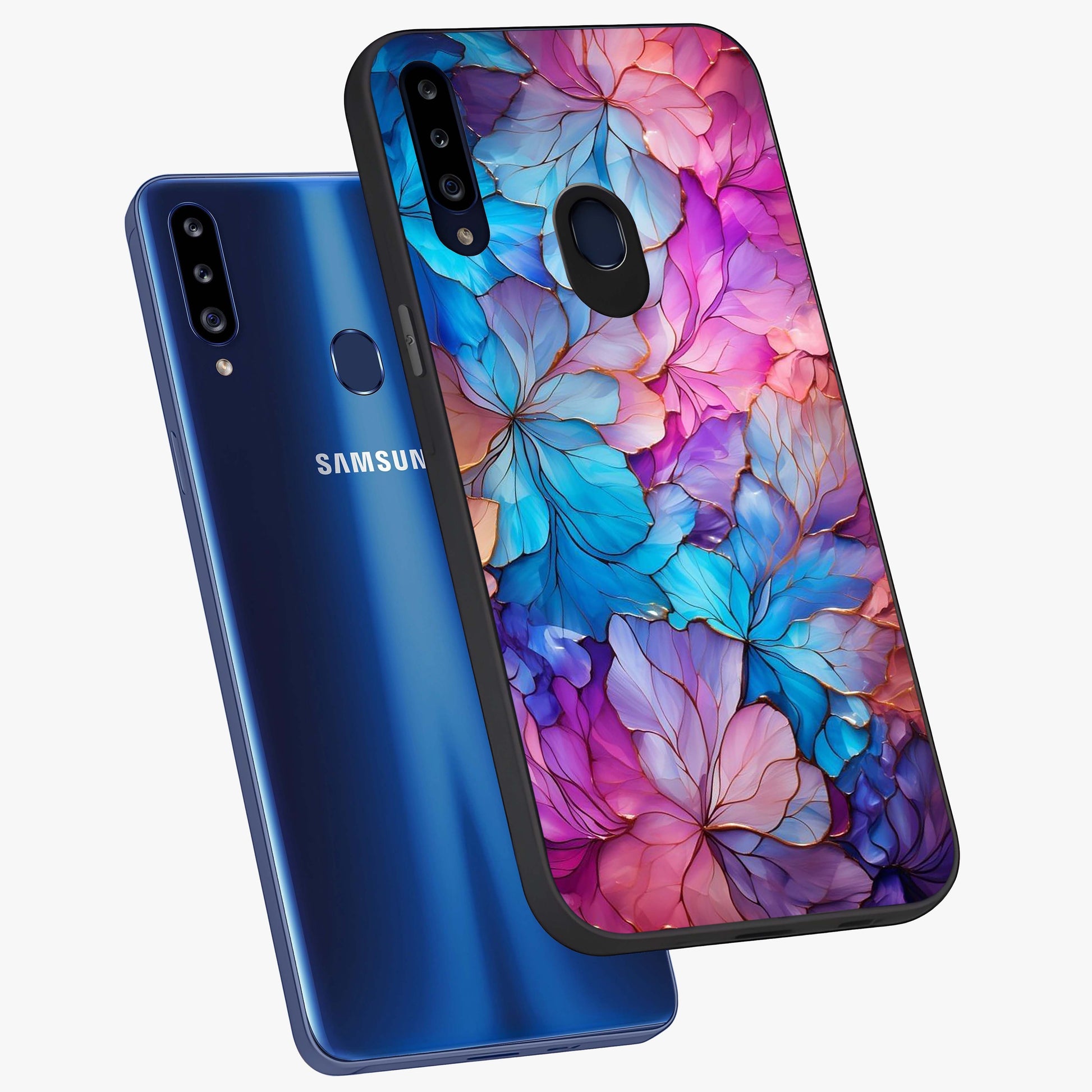 Radiant Floral Whirl Glass Case displayed in angled mockup highlighting vibrant flower pattern with dynamic artistic aesthetic.