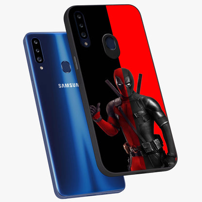 Red & Black Deadpool Theme Glass Case displayed in angled mockup highlighting vibrant superhero style illustration with action aesthetic.
