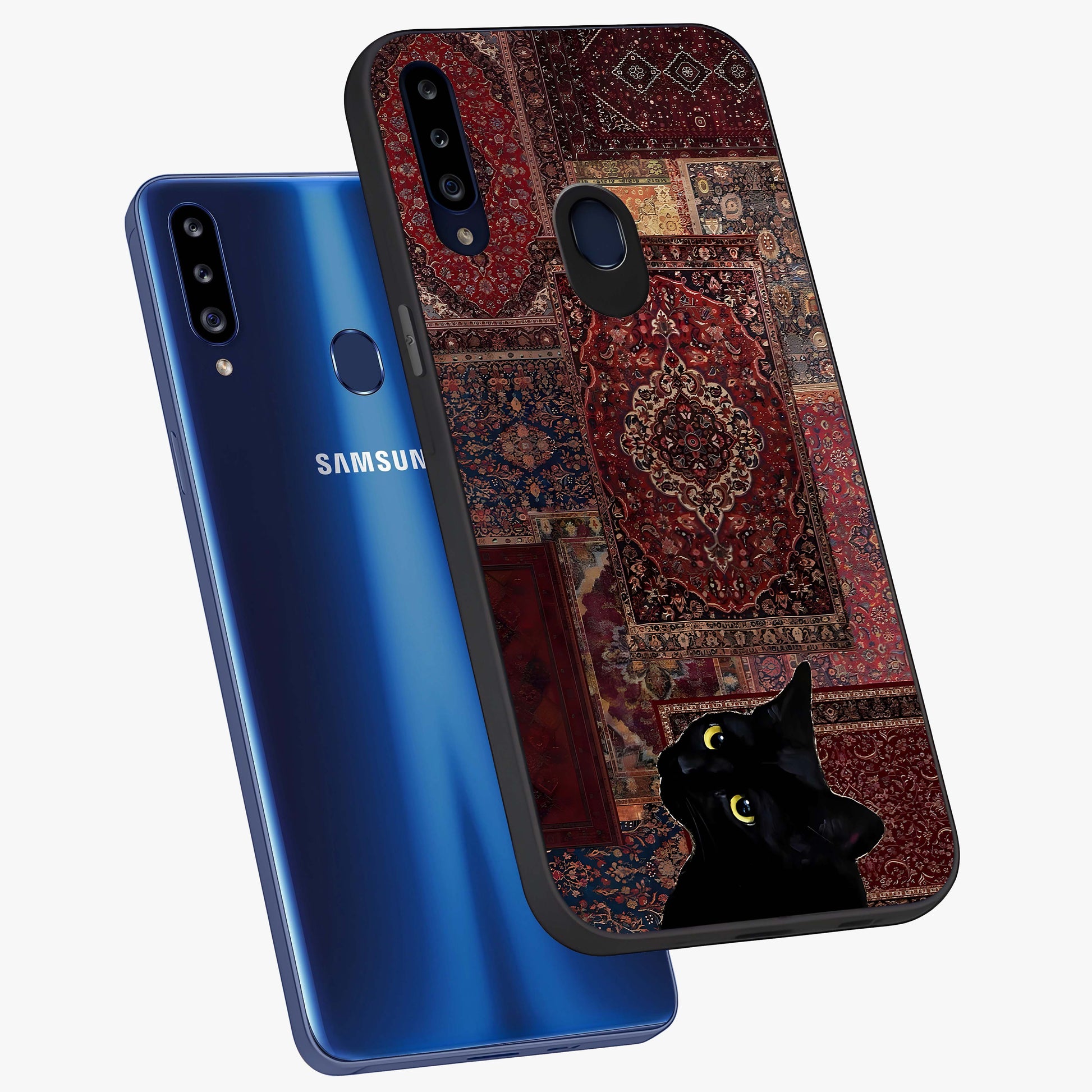 Regal Magic Cat Apple Glass Case displayed in angled mockup highlighting whimsical feline design with fantasy aesthetic.