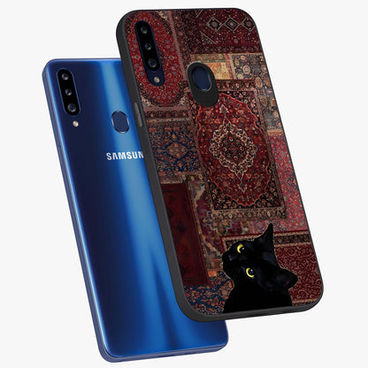 Regal Magic Cat Apple Glass Case displayed in angled mockup highlighting whimsical feline design with fantasy aesthetic.