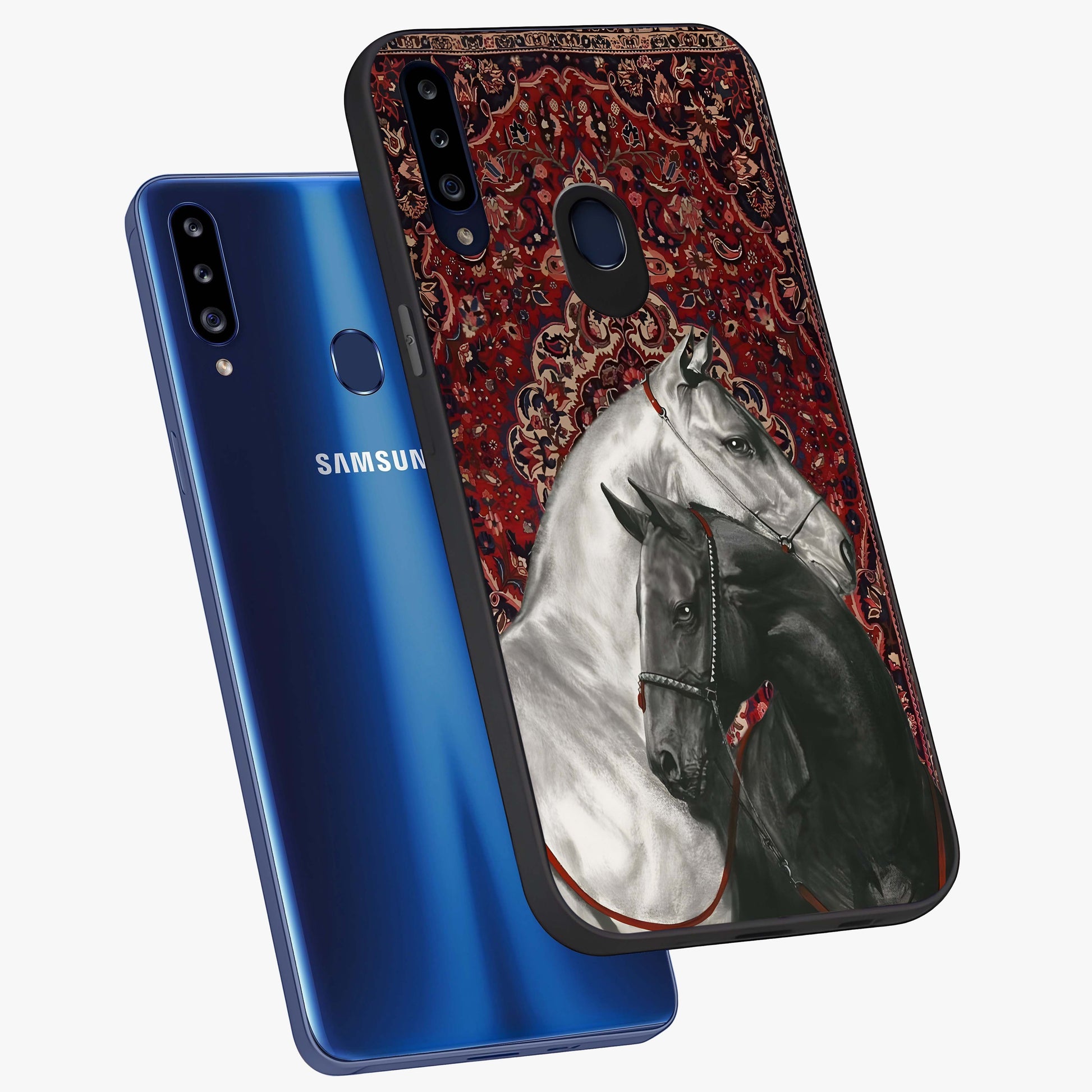 Regal Stallion Tapestry Glass Case displayed in angled mockup highlighting royal stallion design with decorative heritage aesthetic.