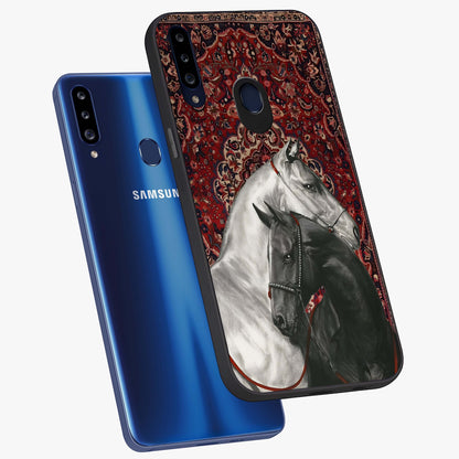 Regal Stallion Tapestry Glass Case displayed in angled mockup highlighting royal stallion design with decorative heritage aesthetic.