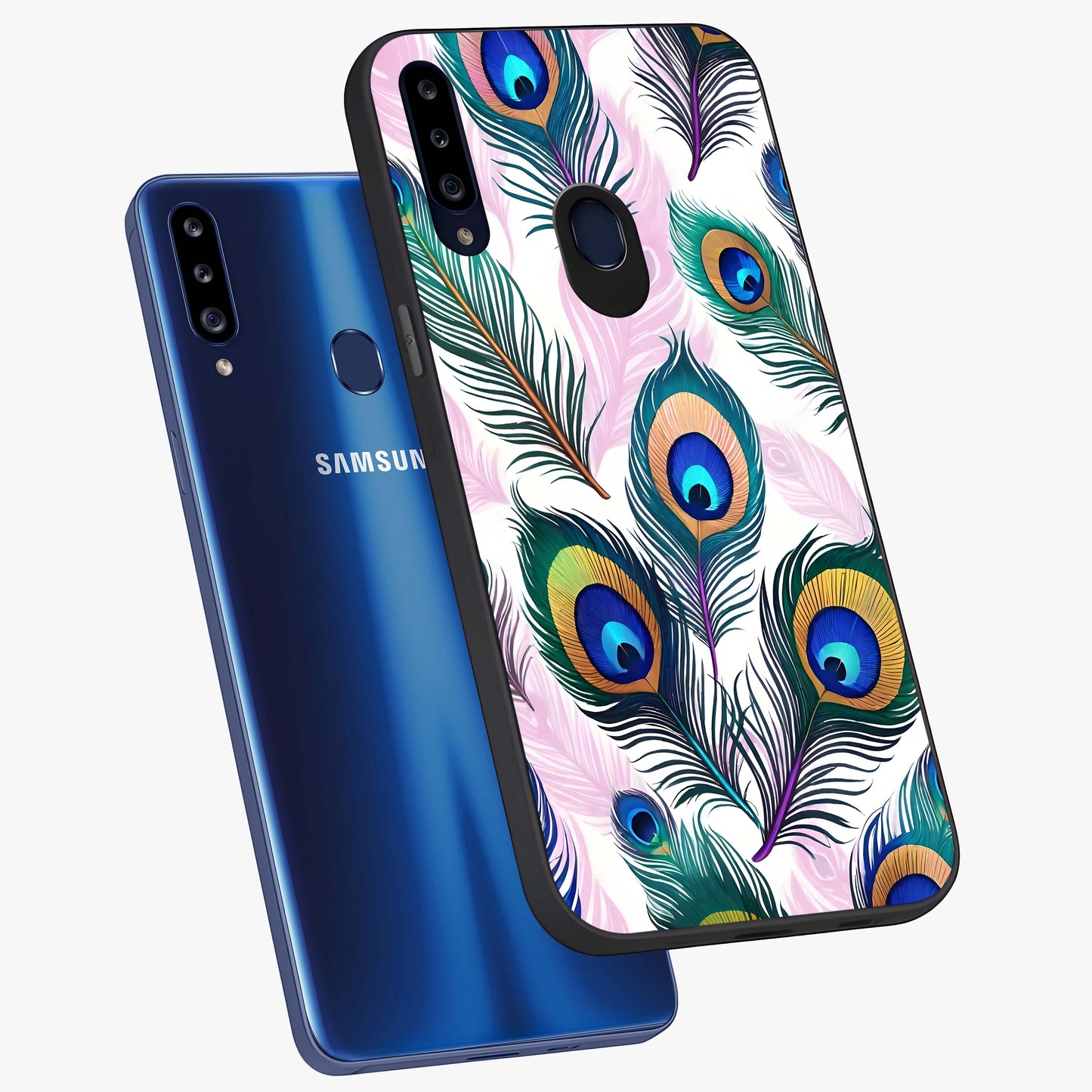 Royal Peacock Feathers Glass Case displayed in angled mockup highlighting vibrant feather pattern with regal aesthetic style.