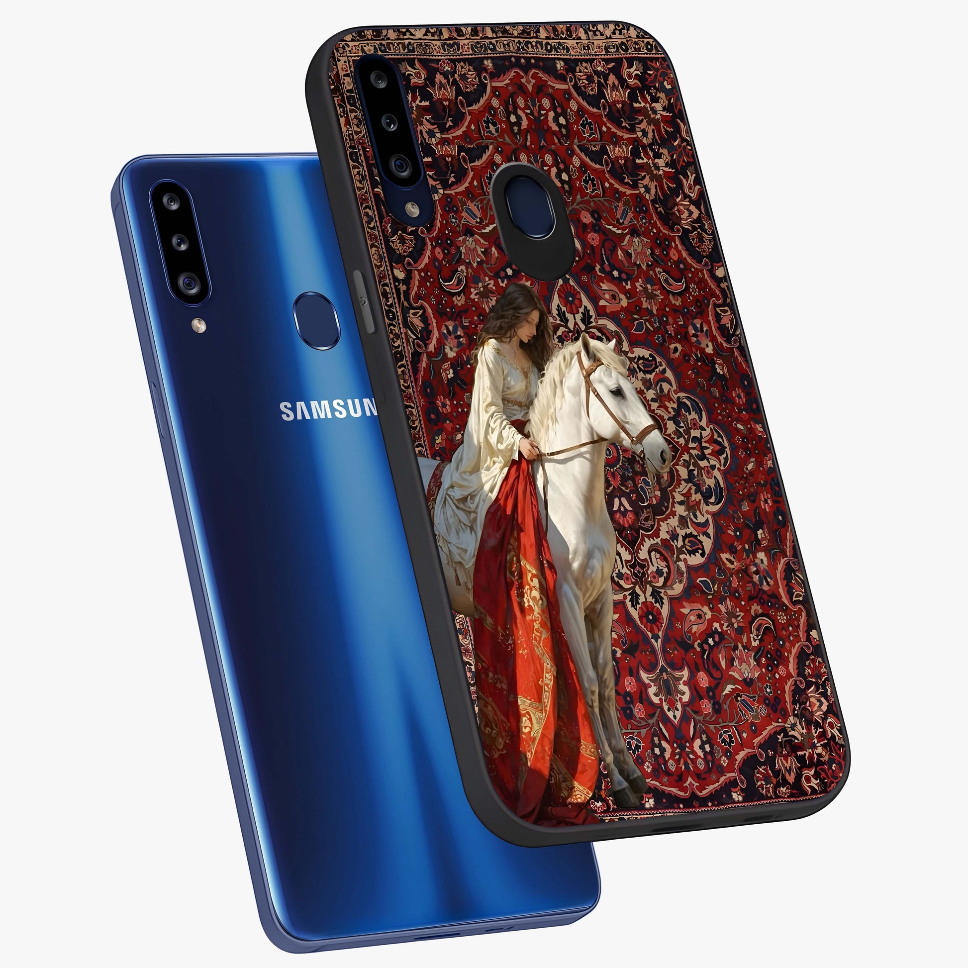 Royal Rider Tapestry Glass Case displayed in angled mockup highlighting traditional tapestry design with royal heritage aesthetic.