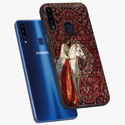 Royal Rider Tapestry Glass Case displayed in angled mockup highlighting traditional tapestry design with royal heritage aesthetic.