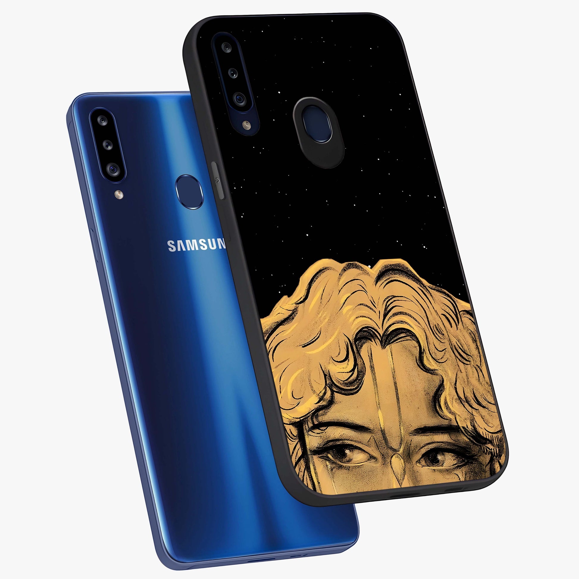 Shri Krishna Art Glass Case displayed in angled mockup highlighting spiritual Krishna illustration with divine aesthetic.