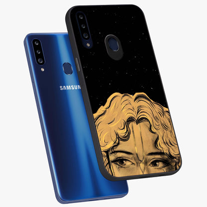 Shri Krishna Art Glass Case displayed in angled mockup highlighting spiritual Krishna illustration with divine aesthetic.
