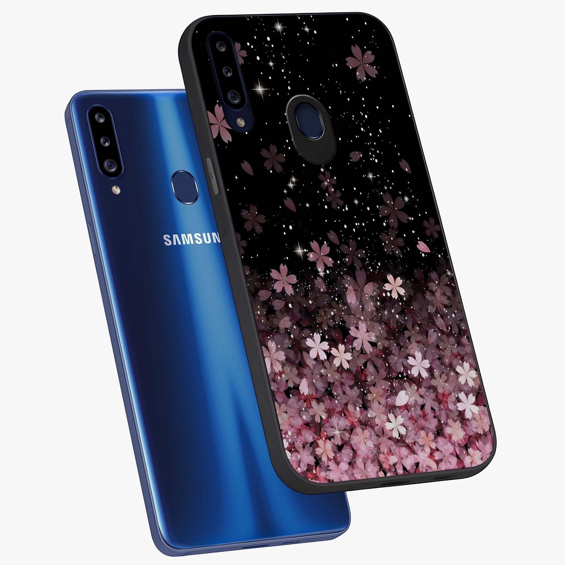 Small Starry Flowers Glass Case displayed in angled mockup highlighting tiny flower pattern with celestial aesthetic style.