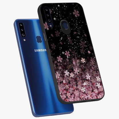 Small Starry Flowers Glass Case displayed in angled mockup highlighting tiny flower pattern with celestial aesthetic style.