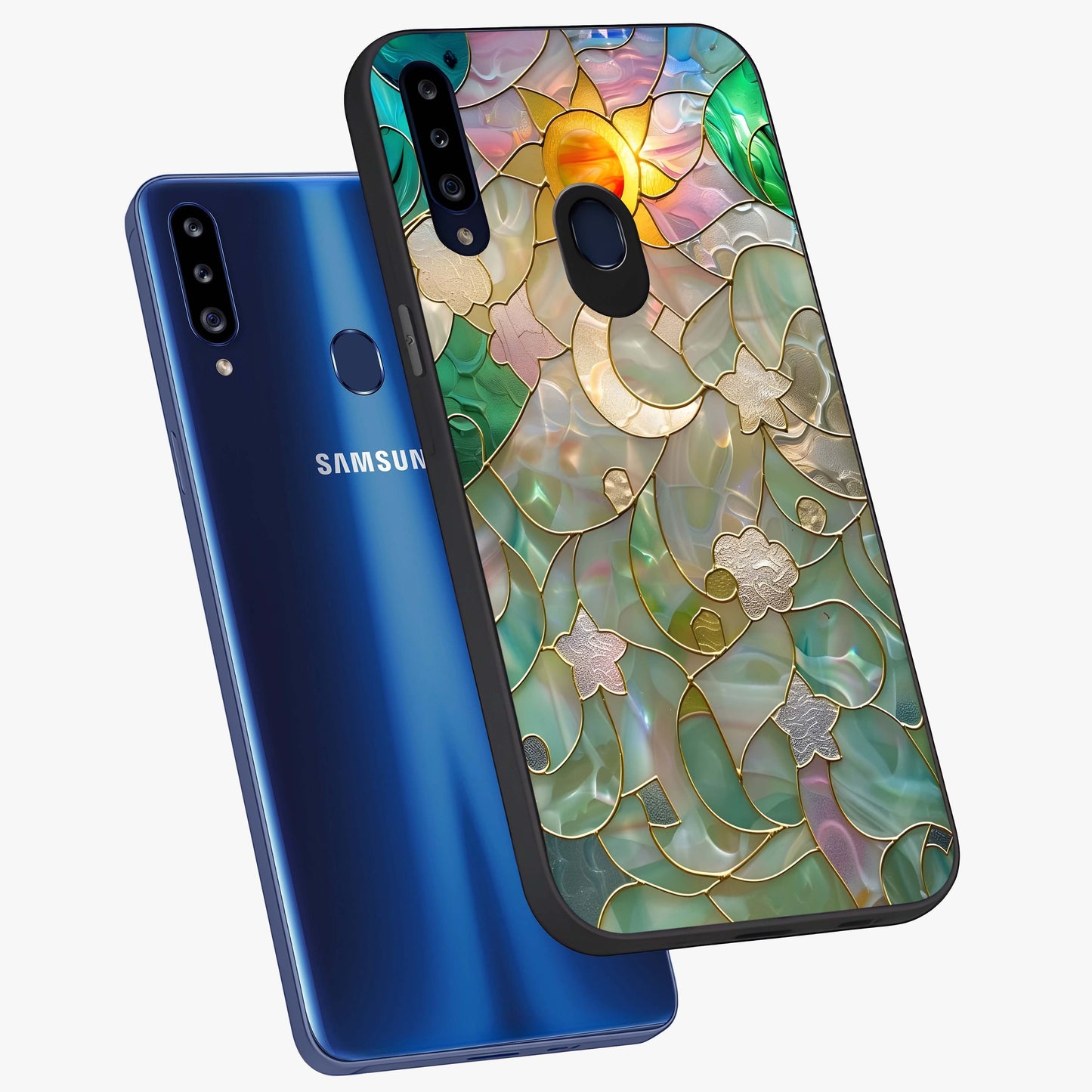Stained Sunrise Glow Glass Case displayed in angled mockup highlighting radiant sunrise design with artistic aesthetic style.