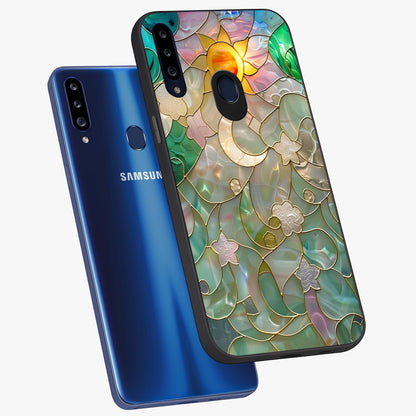 Stained Sunrise Glow Glass Case displayed in angled mockup highlighting radiant sunrise design with artistic aesthetic style.