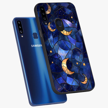Starlit Sky Tapestry Glass Case displayed in angled mockup highlighting celestial night pattern with artistic aesthetic style.