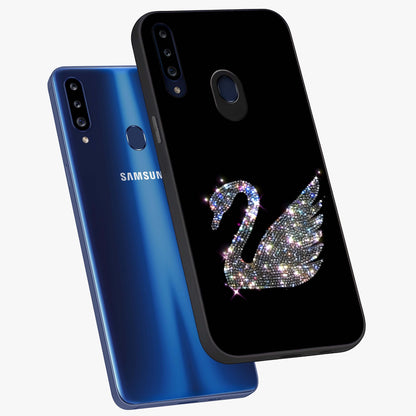 Starlit Swan Grace Glass Case displayed in angled mockup highlighting elegant swan illustration with dreamy celestial aesthetic.