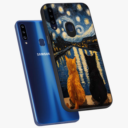 Starry River Cats Glass Case displayed in angled mockup highlighting charming feline illustration with dreamy night aesthetic.