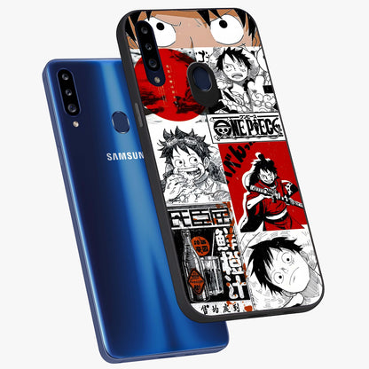 Strawhat Chaos Panels Glass Case displayed in angled mockup highlighting vibrant anime collage design with action aesthetic.