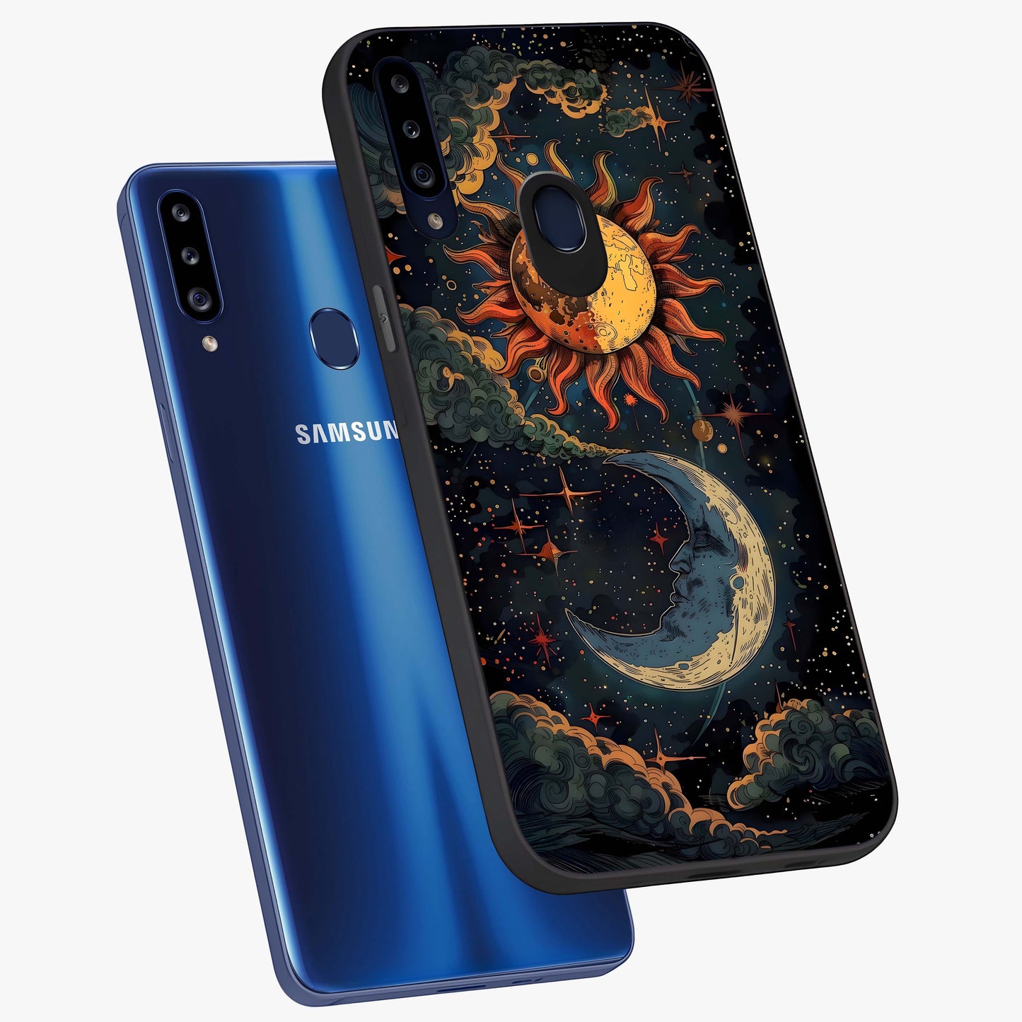 Sun And Moon Magic Design Glass Case displayed in angled mockup highlighting celestial design with magical cosmic aesthetic.