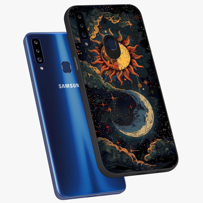 Sun And Moon Magic Design Glass Case displayed in angled mockup highlighting celestial design with magical cosmic aesthetic.