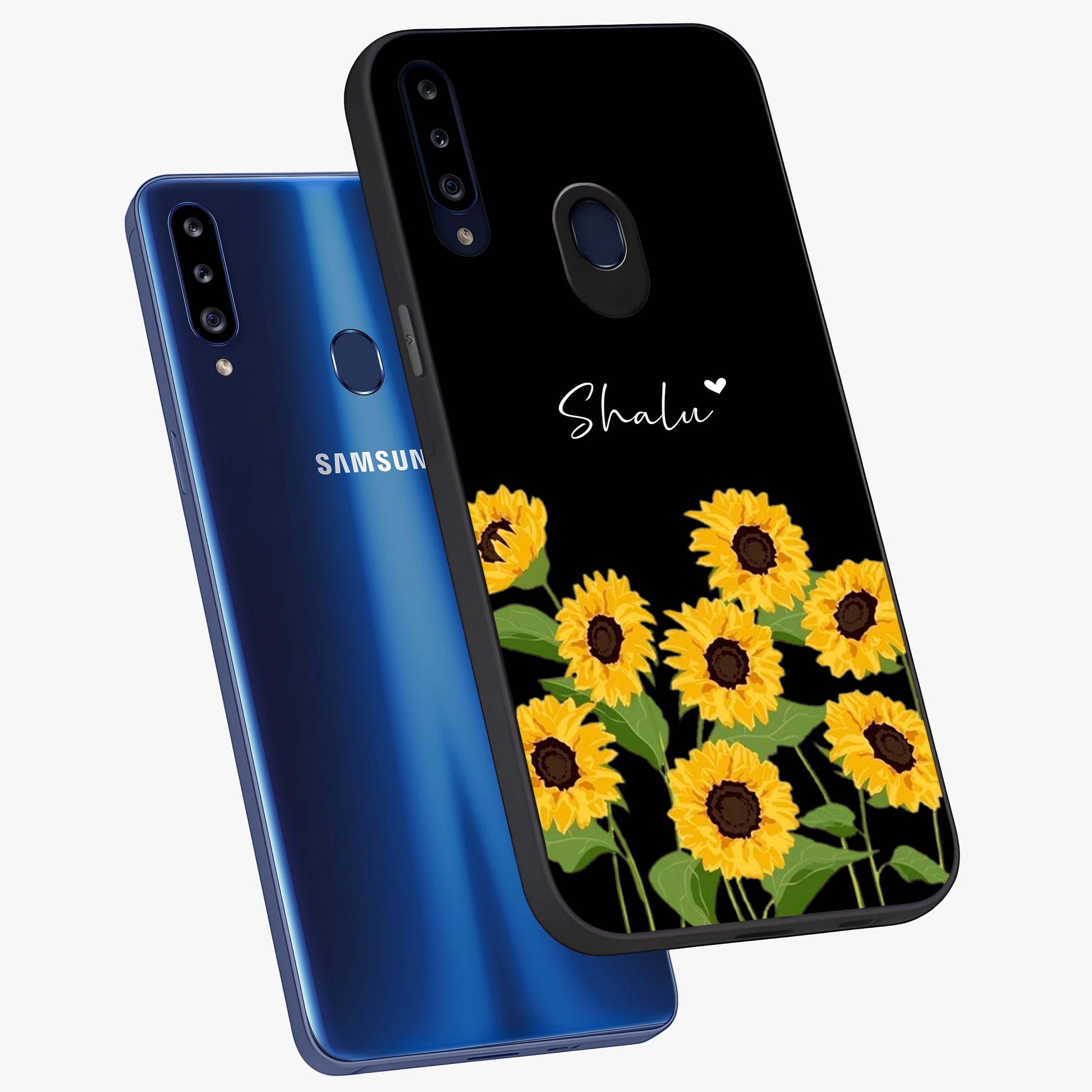 Sunflower Chic Mood Custom Name Glass Case displayed in angled mockup highlighting vibrant sunflower design with custom name feature.