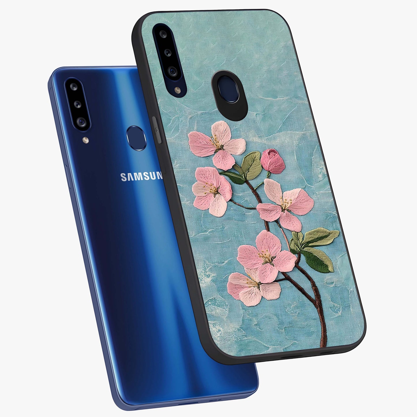 Threaded Blossom Breeze Glass Case displayed in angled mockup highlighting elegant floral design with soft aesthetic style.