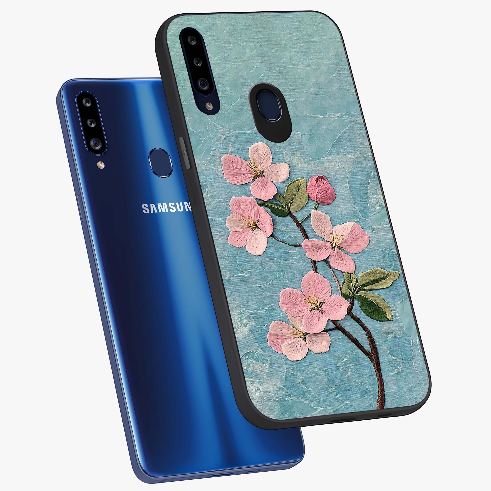 Threaded Blossom Breeze Glass Case displayed in angled mockup highlighting elegant floral design with soft aesthetic style.