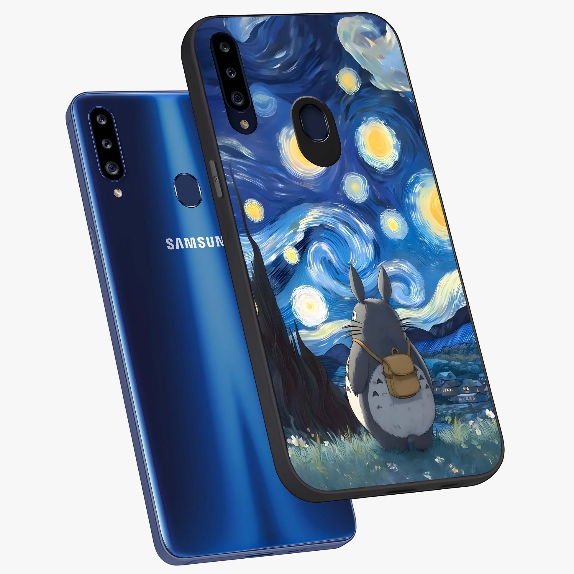 Totoro In Van Gogh Art Glass Case displayed in angled mockup highlighting artistic swirling sky design with playful animation aesthetic.