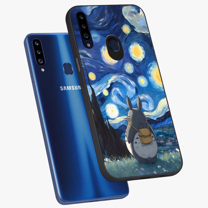 Totoro In Van Gogh Art Glass Case displayed in angled mockup highlighting artistic swirling sky design with playful animation aesthetic.