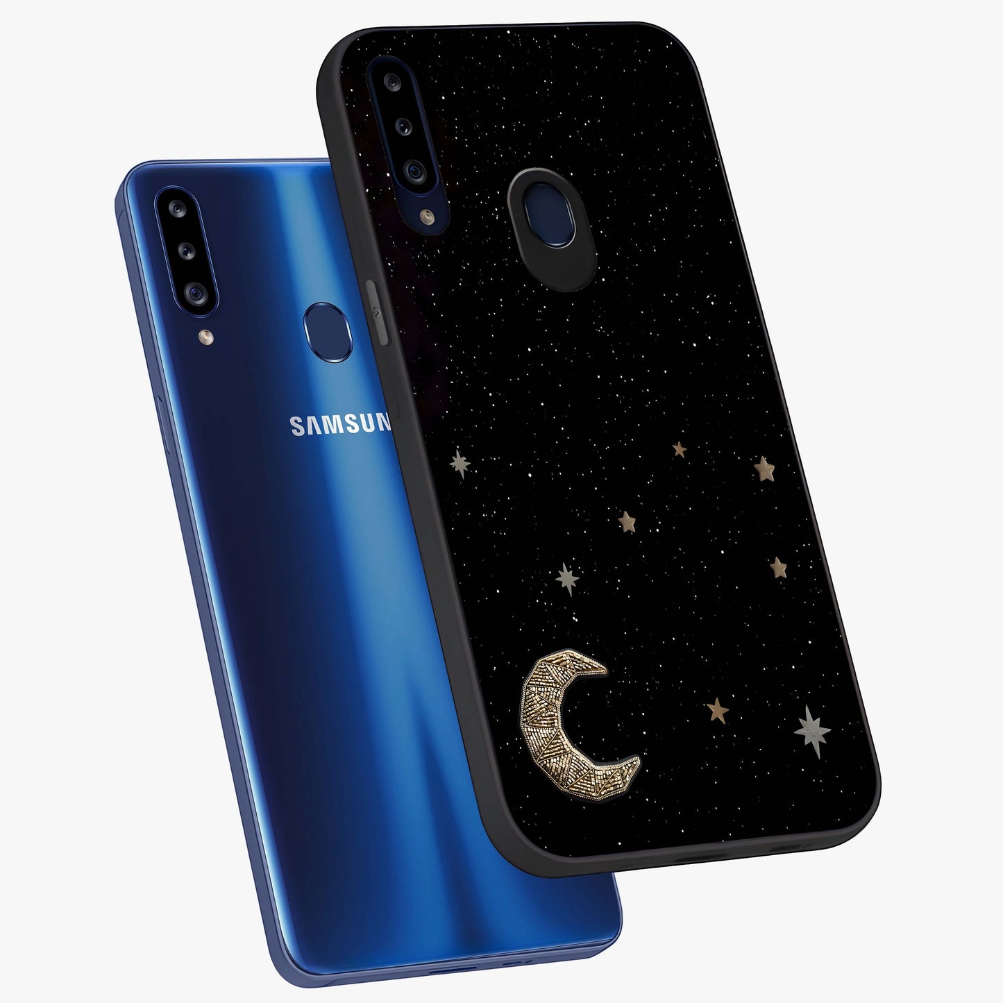Twinkle Star With Half Moon Glass Case displayed in angled mockup highlighting celestial moon and star design with magical aesthetic.