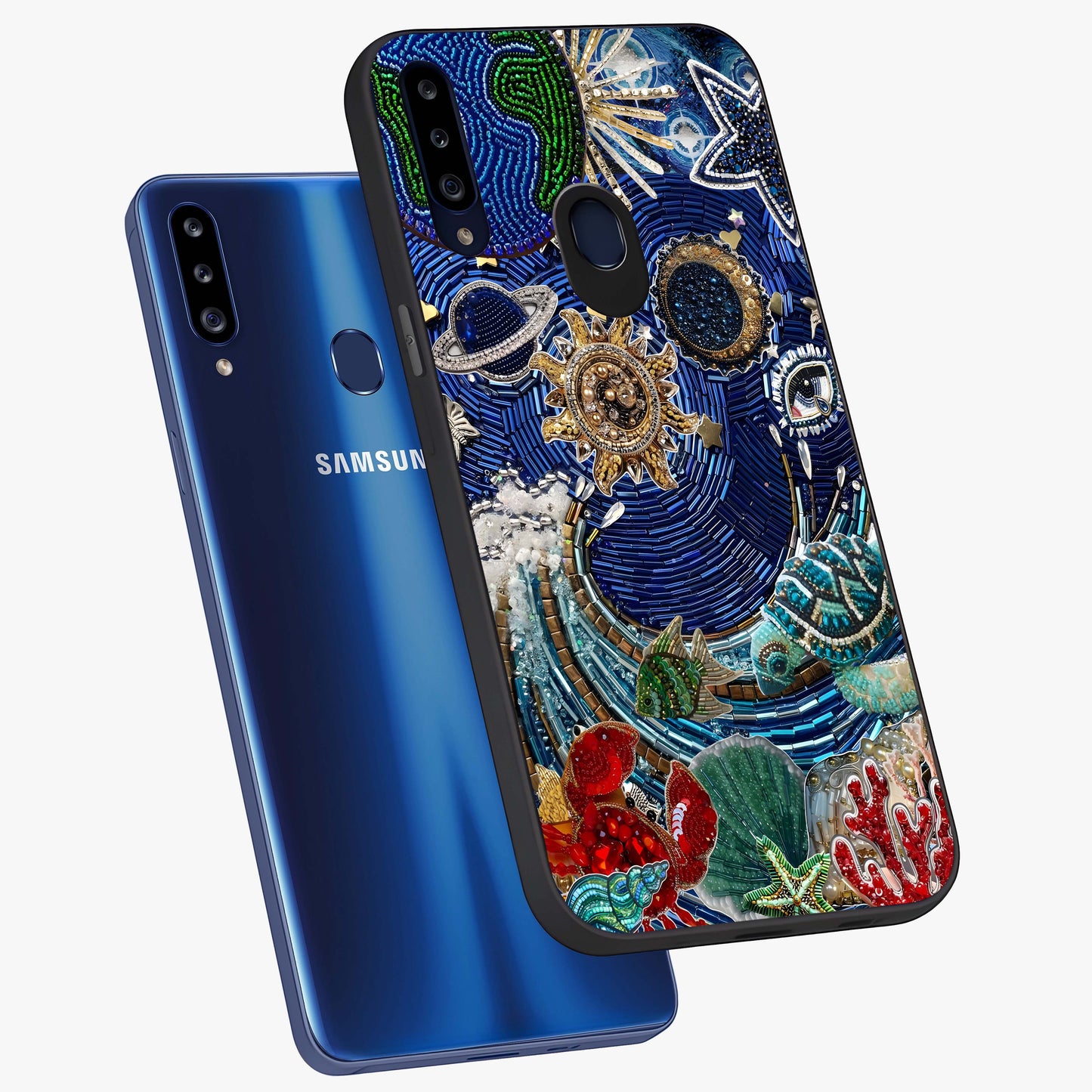 Universe Underwater Spark Glass Case displayed in angled mockup highlighting glowing aquatic design with celestial aesthetic.