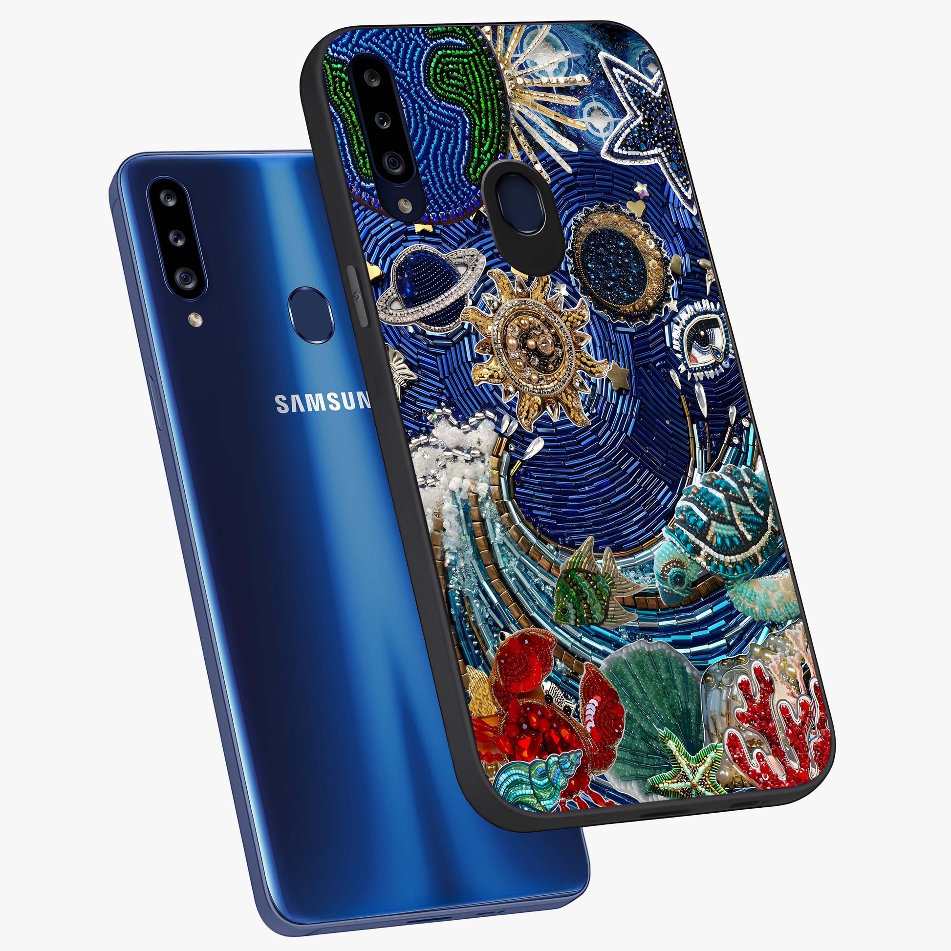 Universe Underwater Spark Glass Case displayed in angled mockup highlighting glowing aquatic design with celestial aesthetic.