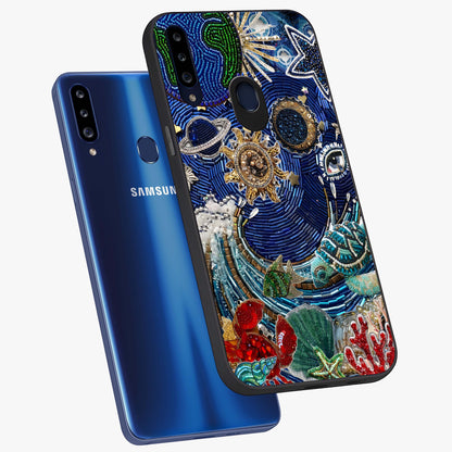 Universe Underwater Spark Glass Case displayed in angled mockup highlighting glowing aquatic design with celestial aesthetic.