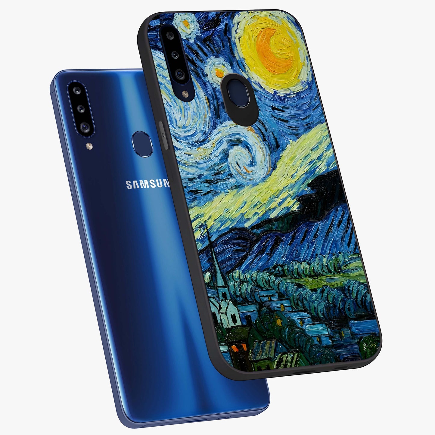 Van Gogh Art Glass Case displayed in angled mockup highlighting swirling brushstroke design with artistic aesthetic.