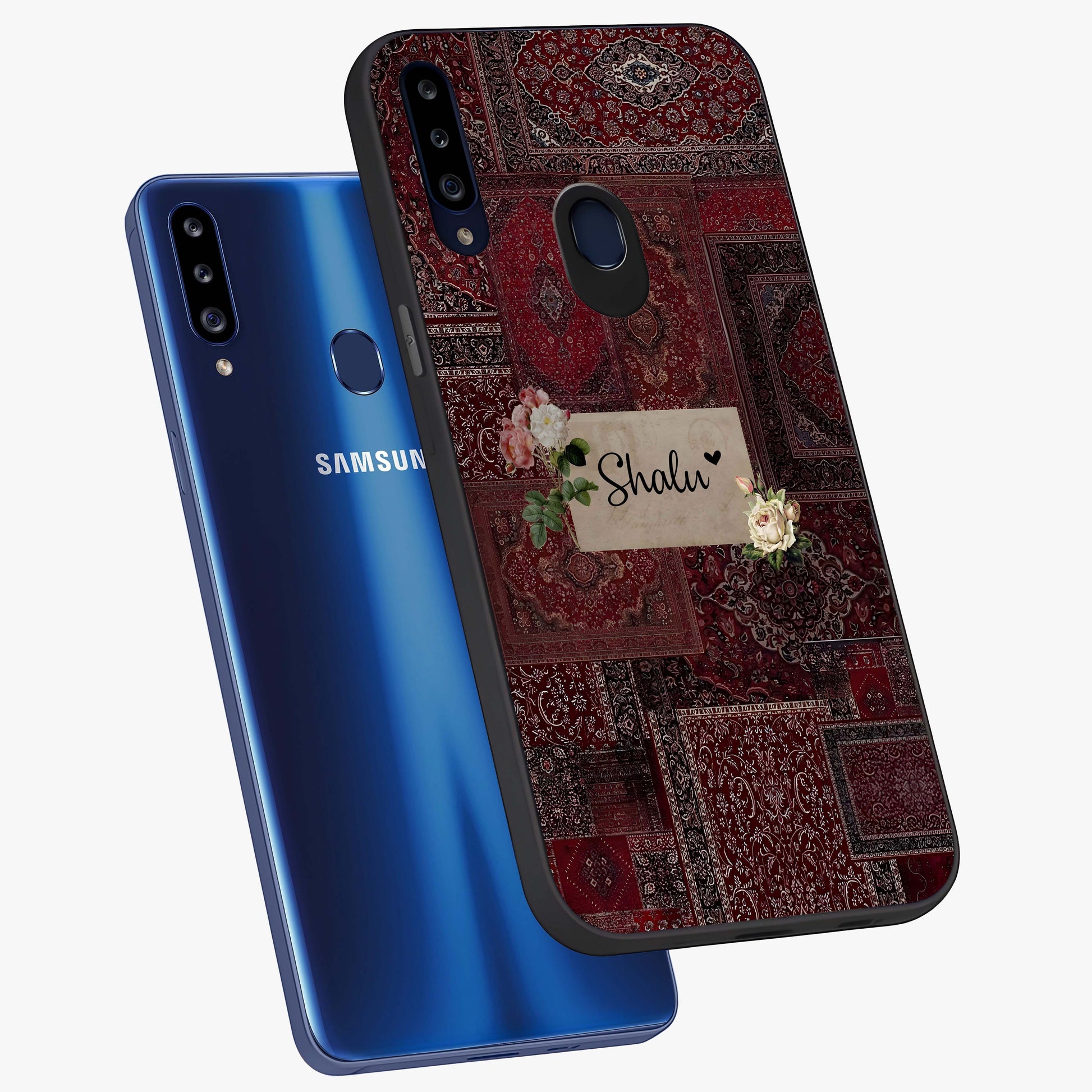 Velvet Wine Pattern Custom Name Glass Case displayed in angled mockup highlighting decorative velvet inspired design with custom name feature.