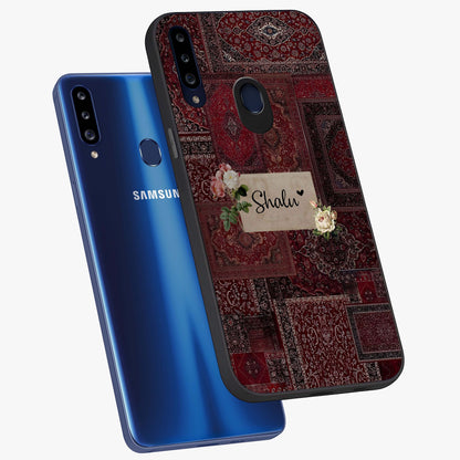 Velvet Wine Pattern Custom Name Glass Case displayed in angled mockup highlighting decorative velvet inspired design with custom name feature.