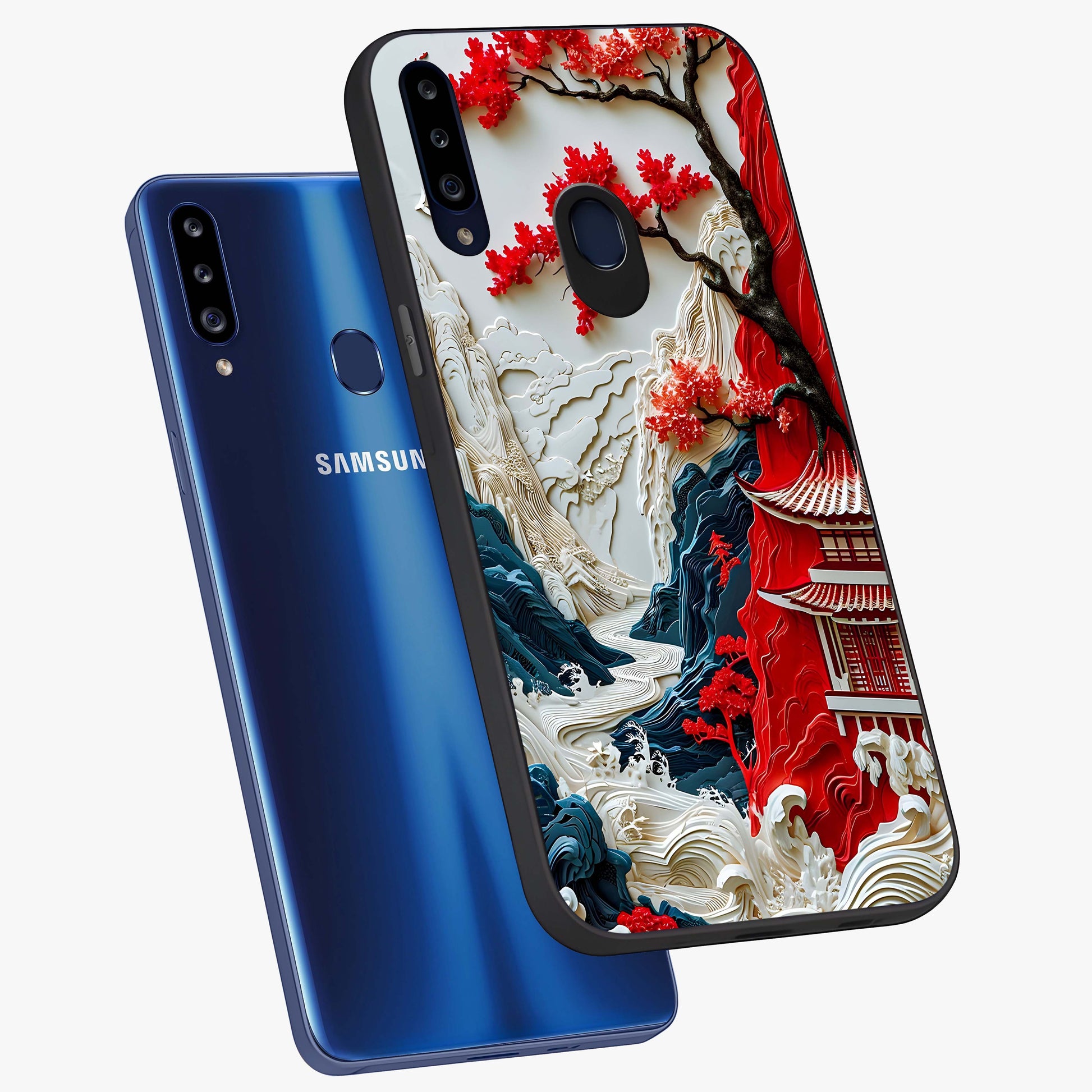 Whispers Of Sakura Waves Glass Case displayed in angled mockup highlighting flowing sakura design with soft floral aesthetic.