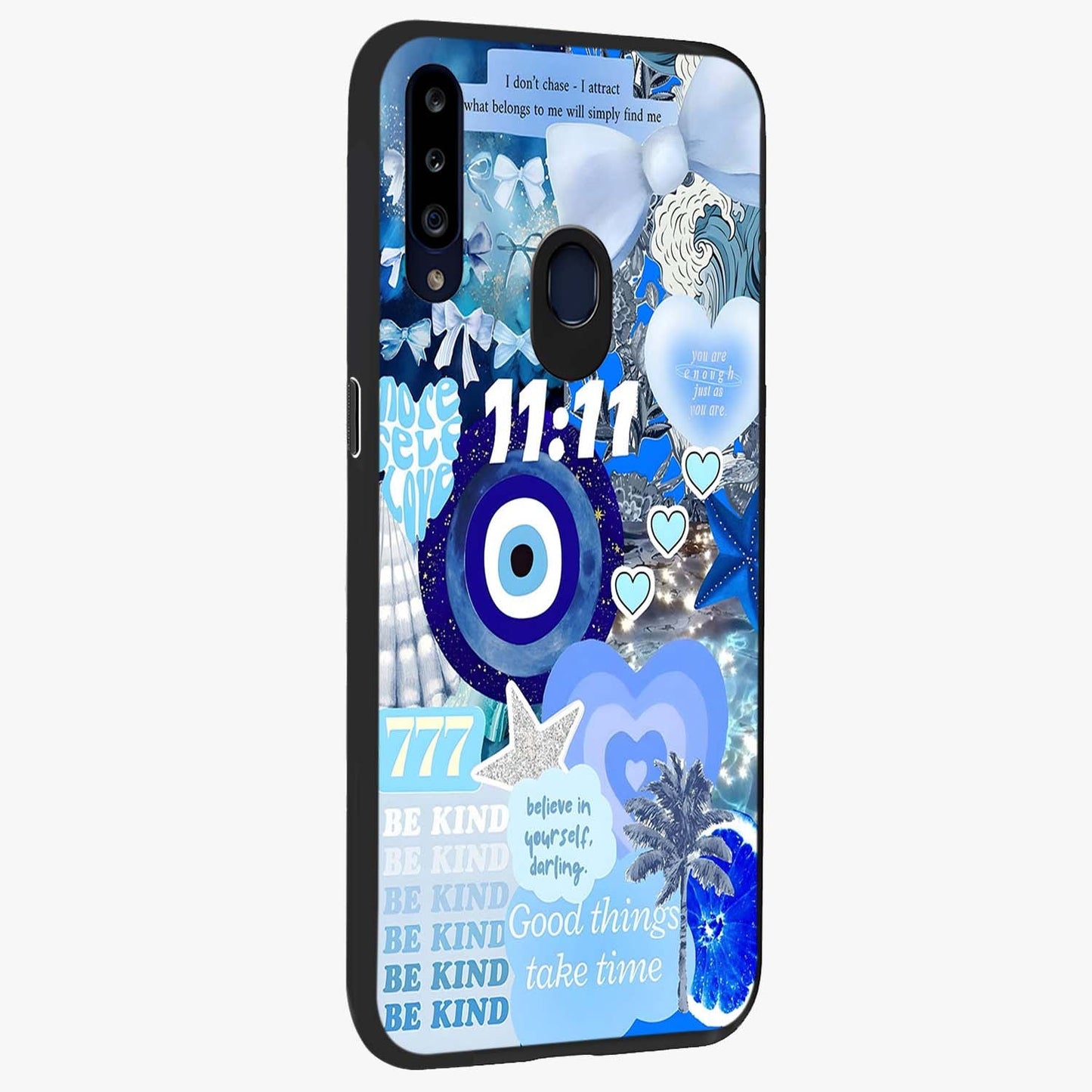 Aesthetic Be Kind Eye Glass Case upright view showcasing stylish eye illustration with positive message theme.