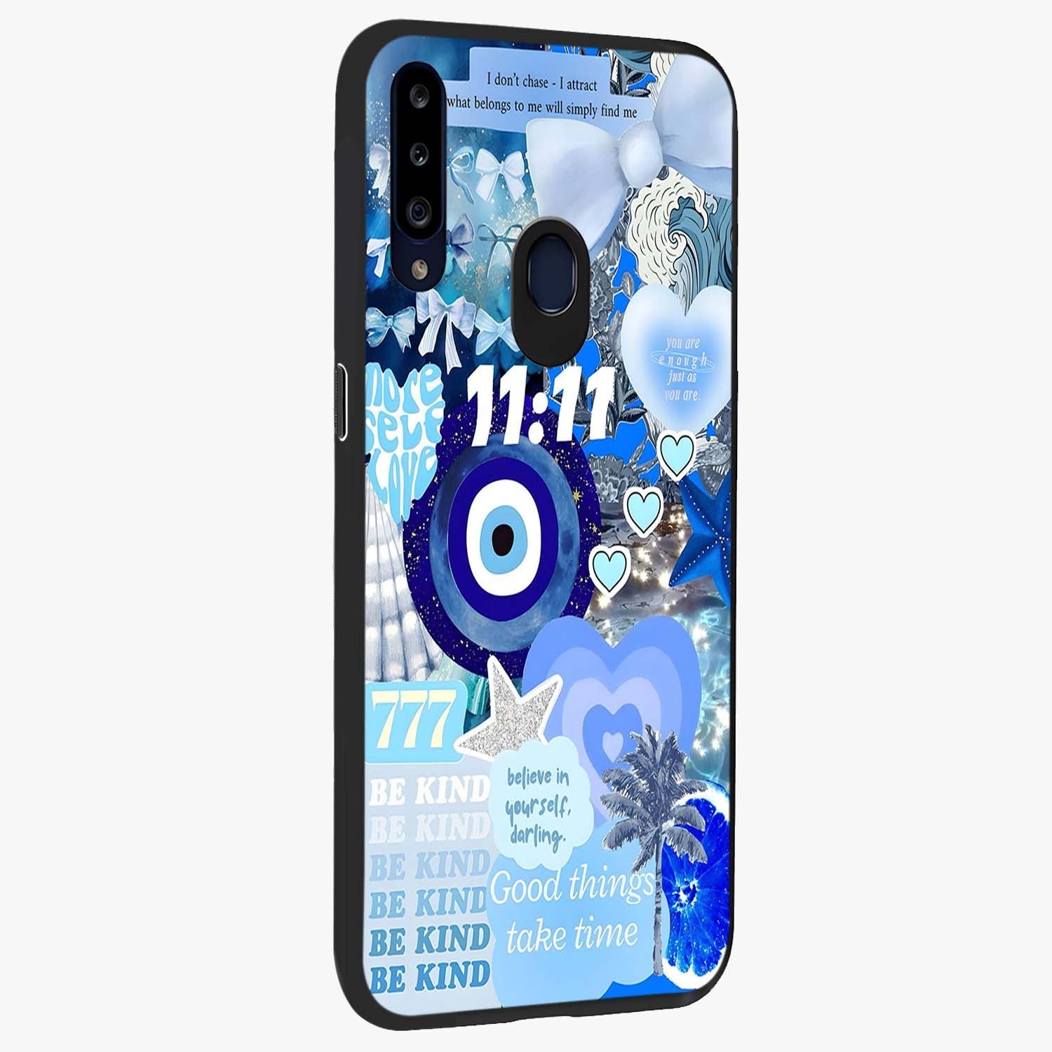 Aesthetic Be Kind Eye Glass Case upright view showcasing stylish eye illustration with positive message theme.