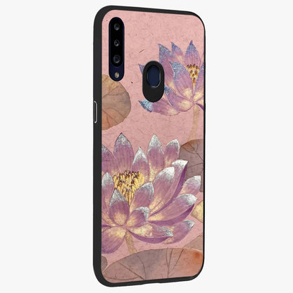 Blossom Mist Lotus Glass Case upright view showcasing graceful lotus flower design with peaceful botanical style.