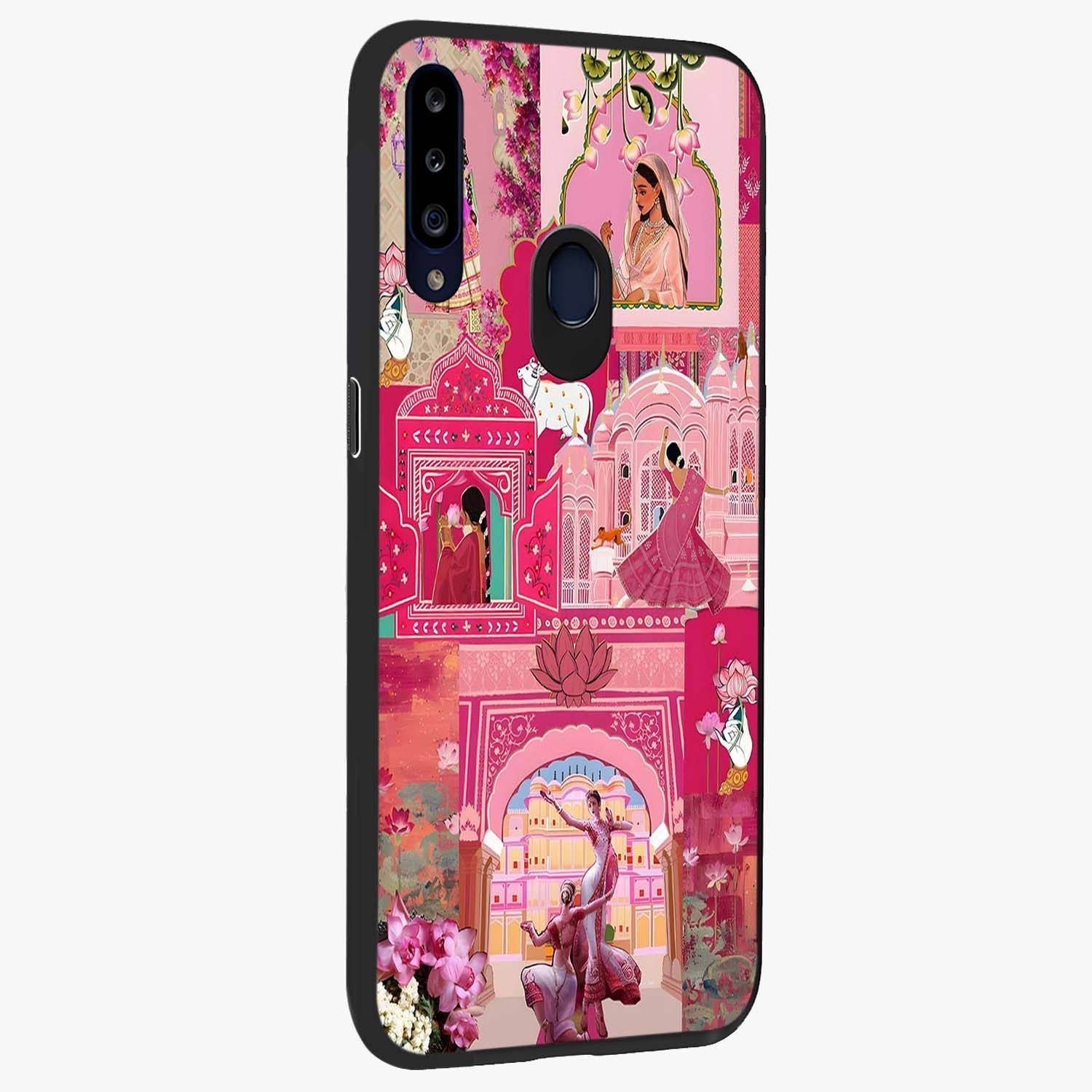 Blossoms of Rajasthan Glass Case upright view showcasing colorful floral design inspired by traditional Indian art.