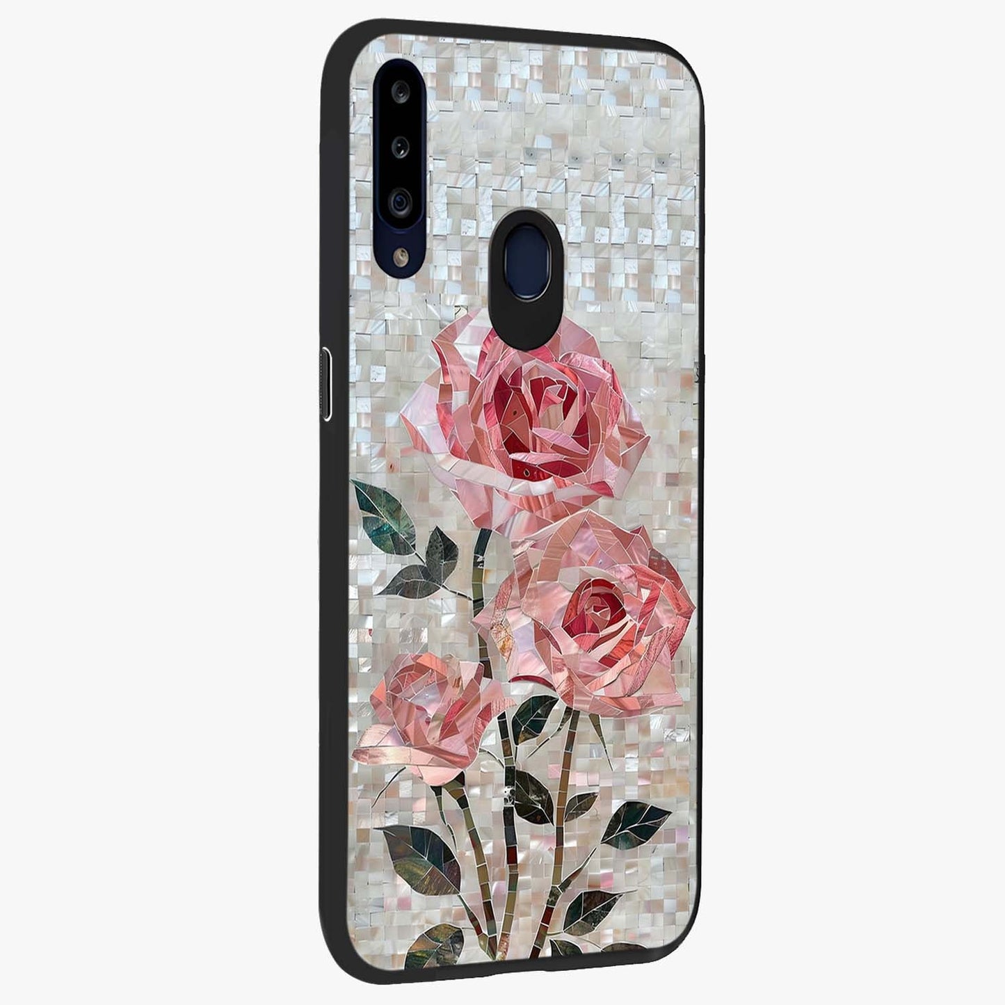Blush Mosaic Bloom Glass Case upright view showcasing decorative floral mosaic artwork with stylish modern aesthetic.