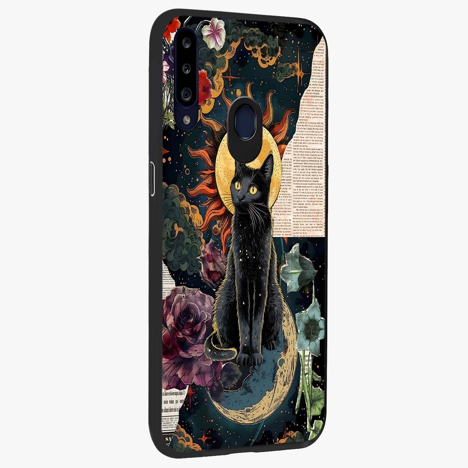 Celestial Black Cat Glass Case upright view showcasing magical black cat illustration with starry cosmic theme.
