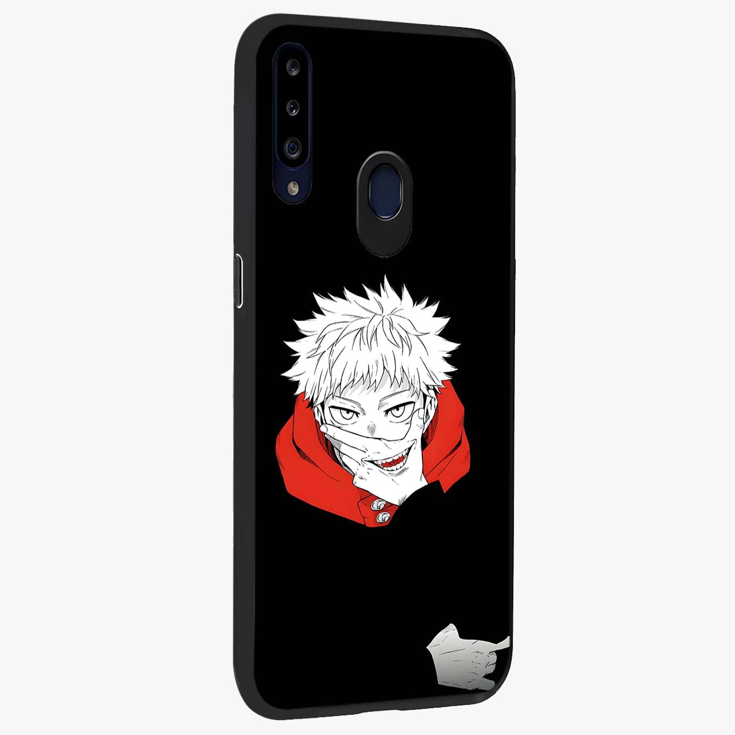 Crimson Chaos Smile Glass Case upright view showcasing expressive chaotic artwork with striking visual theme.