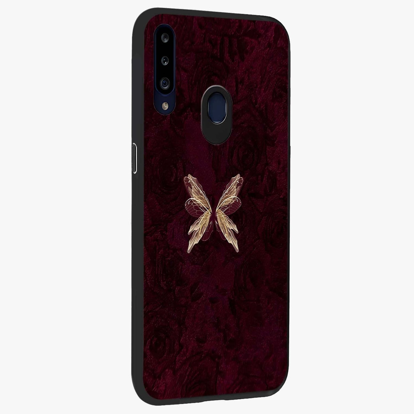 Crimson Fade Butterfly Glass Case upright view showcasing graceful butterfly artwork with soft crimson fade effect.