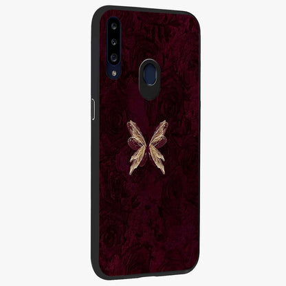 Crimson Fade Butterfly Glass Case upright view showcasing graceful butterfly artwork with soft crimson fade effect.