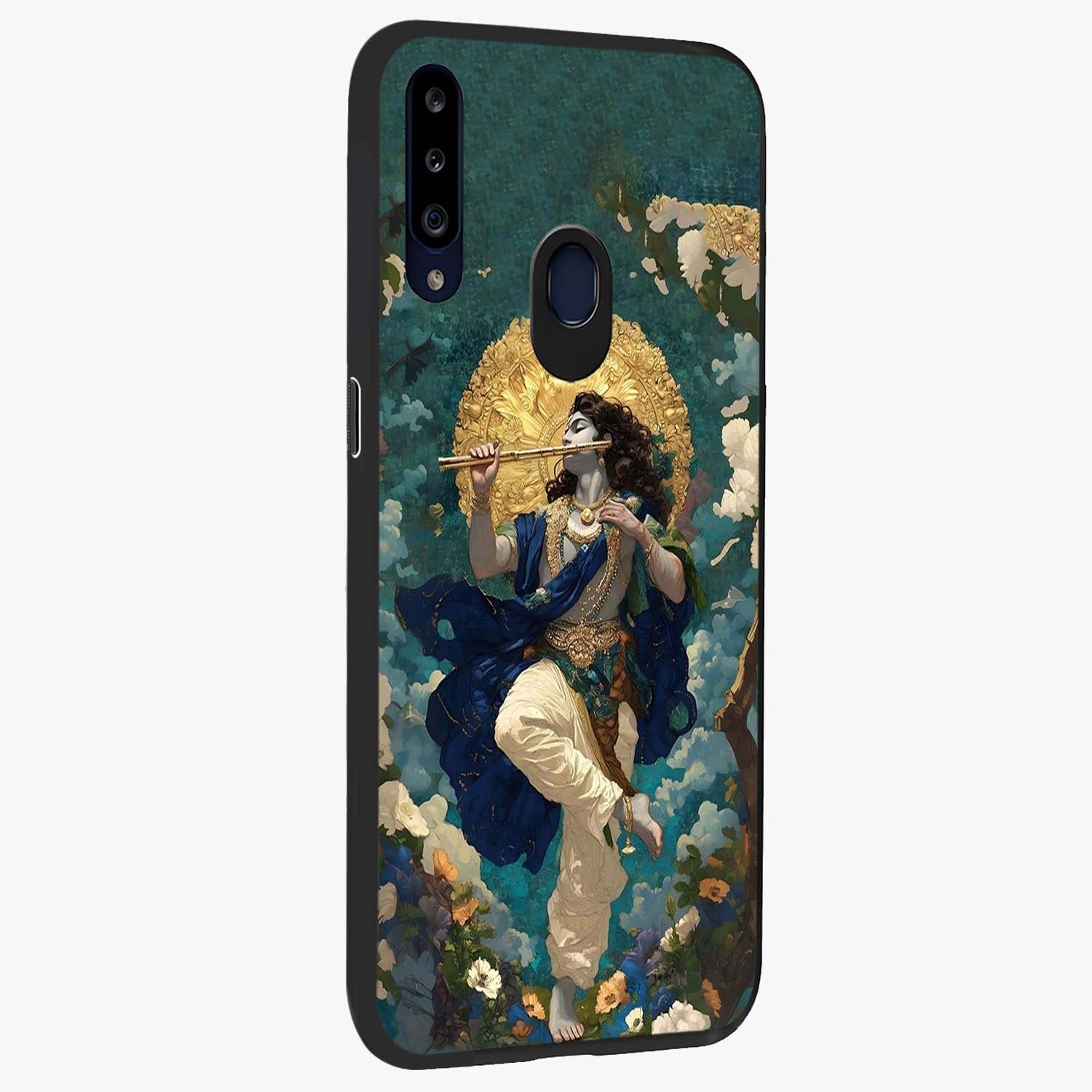 Divine Krishna Art Glass Case upright view showcasing divine Krishna artwork with sacred artistic theme.