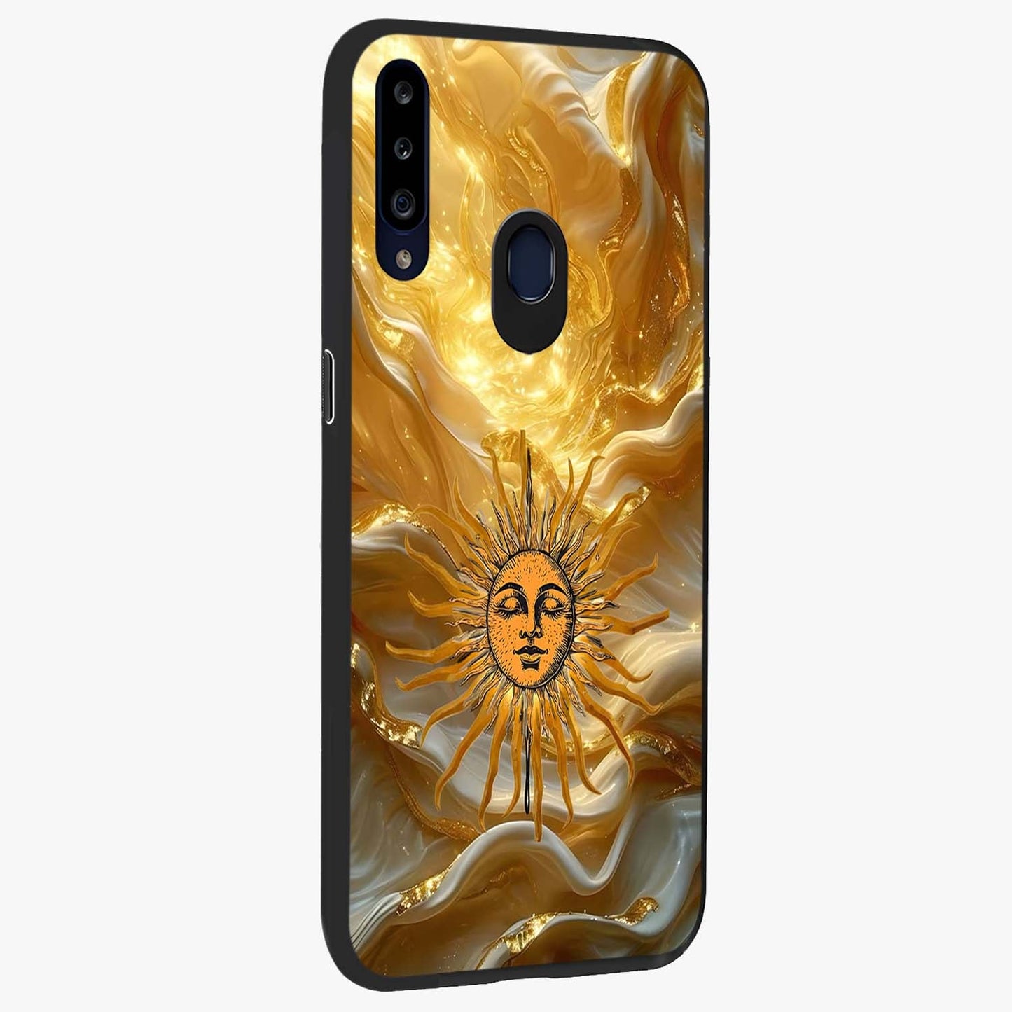 Eternal Golden Glow Glass Case upright view showcasing luminous golden artwork with luxurious visual theme.