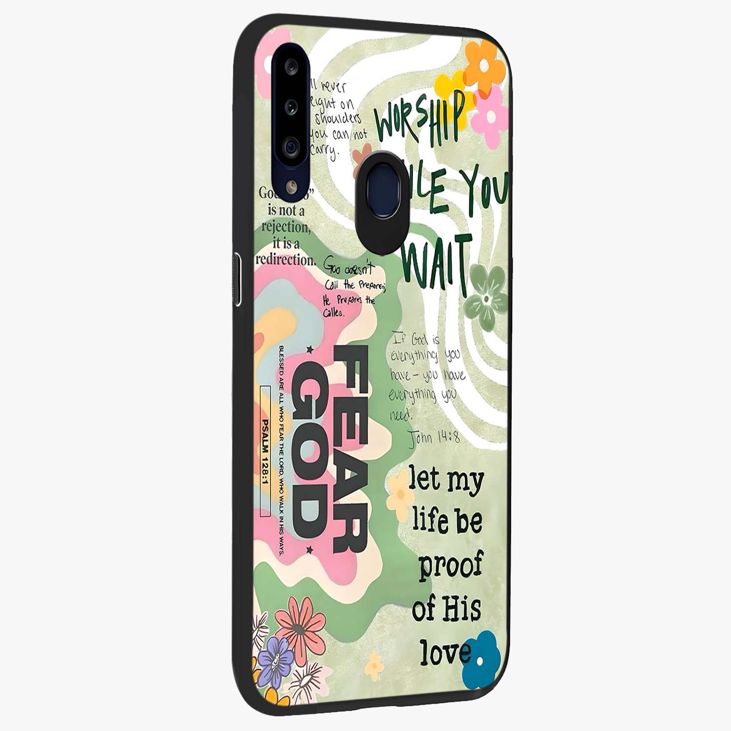 Faith Over Fear Glass Case upright view showcasing bold typography artwork with uplifting motivational theme.