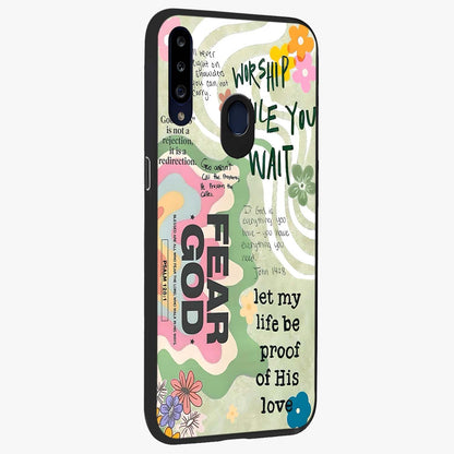 Faith Over Fear Glass Case upright view showcasing bold typography artwork with uplifting motivational theme.
